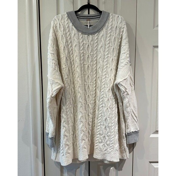 Free People Cream & Gray Mixed Media Olympia Cableknit Sweater Tunic Oversized - Picture 4 of 12